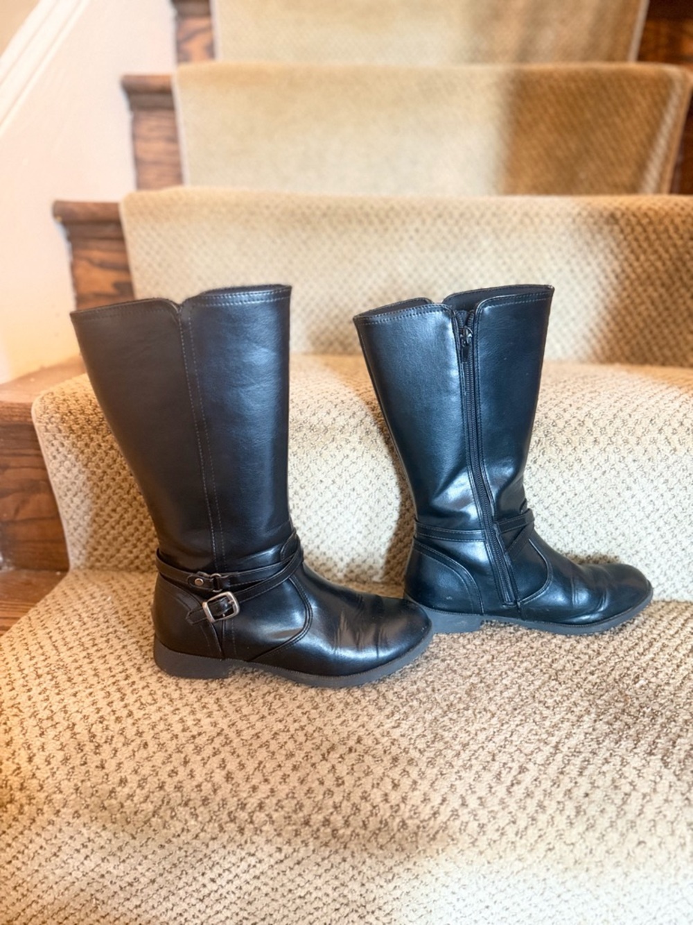 Black Leather Mid-Calf Riding Boots with Buckle Detail